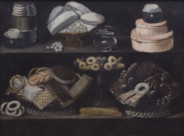 885.  CIRCULO DE JUAN VAN DER HAMEN (Escuela española, siglo XVII)Bodegón con cestas de dulces, roscos sobre un copa de cristal, confituras y cajas de jalea.