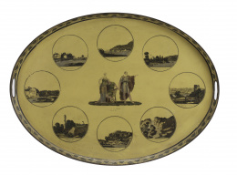 576.  Bandeja oval de metal pintada en amarillo, decorada con vistas y personajes clásicos.Trabajo francés, S. XIX.