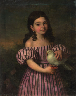 928.  ANTONIO MARÍA ESQUIVEL (Sevilla,1806 - Madrid, 1857)Retrato de niña con vestido rosa rayado y paloma.