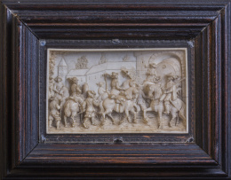 1081.  Personajes a caballo frente a una fortificaciónPlaca de marfil tallado en medio relieve.Trabajo centro europeo, S. XIX.