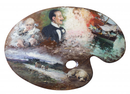 994.  JOAQUÍN SOROLLA Y BASTIDA (Valencia, 1863 - Madrid, 1923) Pescadores en la barca en paleta decorada por seis artistas.