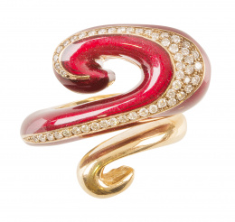 704.  Conjunto de sortija y pendientes ALEJANDRO FANFANY con brillantes y esmalte rojo