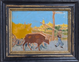 747.  "Bueyes tirando un carro con heno". Azulejo de cerámica de arista con la técnica de arista. Daniel Zuloaga (1852-1921)
