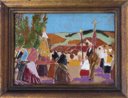 745.  "La procesión"Placa de cerámica esmaltada con la técnica de arista.Daniel Zuloaga (1852-1921)