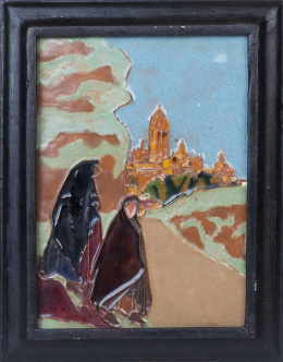 750.  "Segovianas con la catedral al fondo"Placa de cerámica esmaltada con la técnica de arista.Daniel Zuloaga (1852-1921)