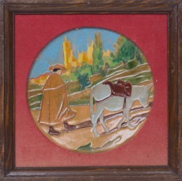746.  "Campesino con burro"Plato de cerámica esmaltada con la técnica de arista. Daniel Zuloaga (1852-1921)