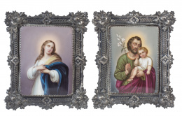754.  Inmaculada y San José.Dos placas devocionales de porcelana esmaltada y marco de plata repujada.Trabajo francés, ffs. del S. XIX.