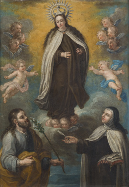 758.  ESCUELA ESPAÑOLA, SIGLO XVIIIVirgen del Carmen con San José y Santa Teresa rodeada de ángeles