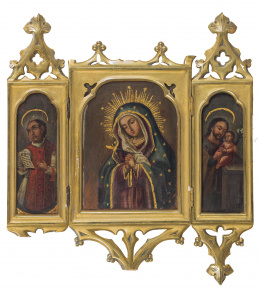 770.  ESCUELA ESPAÑOLA, SIGLO XIX- XXTriptico con la Virgen Dolorosa, San Antonio y otro Santo