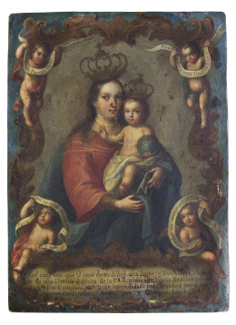 838.  ATRIBUIDO A JOSÉ DE PAEZ (Ciudad de México, 1727 - c. 1780)Virgen con Niño inserta en una guirnalda de flores con juegos de acanto de inspiración barroca rodeada de cuatro ángelesH. 1754