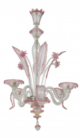 855.  Lámpara de cristal traslúcido y rosa. Murano, S. XX.