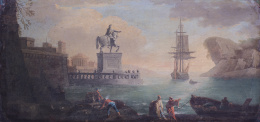 927.  CÍRCULO DE PAOLO ANESI (Escuela italiana, siglo XVIII)Vista de un puerto marítimo con una escultura ecuestre.
