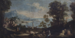 425.  ESCUELA ITALIANA, H. 1700Vista de un paisaje con puerto, figuras y una ciudad al fondo