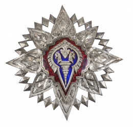 782.  Condecoración persa de plata grabada y dorada con esmalte rojo y azul