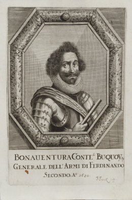 750.  JOHANN FRANCK y JOHANNES ALEXANDER BÖNER (1647- 1720)/Eduardo Chao (1847)/ ANNIBALE CARRACICinco retratos: Charles Bonaventure de Longueval (1571-1621) y Maurizio d'Assia-Kassel (1572-1632), Carlo Arciduca D´Austria y Massimiliano Conte Palatino, un grabado de una vista meridional de la ciudad de Solona y Adoración de los pastores