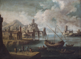 922.1.  ESCUELA ITALIANA, SIGLO XVIIIVista marítima con puerto, figuras, barcos y ciudad al fondo