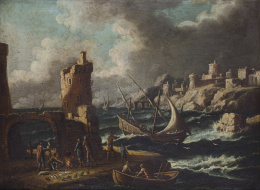862.  ESCUELA ITALIANA, SIGLO XVIIIVista marítima con puerto, figuras, barcos y ciudad al fondo