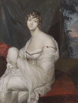 840.  ESCUELA INGLESA, SIGLO XIXRetrato de dama en un interior, al fondo un jardín.