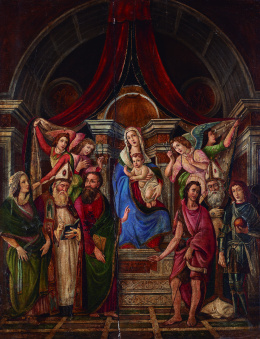 783.  COPIA DE SANDRO BOTTICELLI (Escuela italiana, siglo XIX)Virgen con niño, cuatro ángeles y seis santos