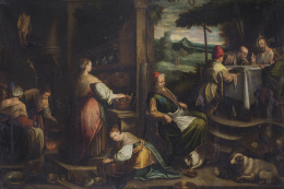 427.  CÍRCULO DE JACOPO BASSANO (Escuela italiana, siglo XVII)Cena en Emaus.