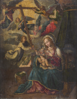 861.  ESCUELA FLAMENCA, SIGLO XVIIVirgen con niño y ángeles portadores de la cruz de Cristo.