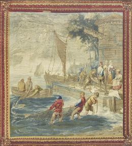 867.  "Pescadores en el muelle".Tapiz en lana y seda con escena de puerto a la manera de Teniers.Bruselas, mediados del S. XVIII.