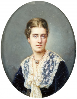 750.  ANTONIO TOMASICH (ALMERÍA, H. 1815 - Madrid, 1891)Retrato de dama con vestido de terciopelo y cuello de encaje, óvalo..