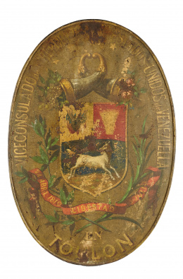 985.  Placa metálica policromada con escudo y cartela: “Viceconsulado Estados Unidos de Venezuela, en Tolón, 24 de Abril de 1810” en Tolón..
