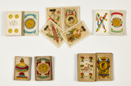 451.  “Nueva baraja taurina”, S. XIX.Baraja litografiada y coloreada, con imágenes de toreros (Lagartijo, El Gordito, Frascuelo y Currito),  de banderilleros, (Cara-Ancha, Mazantini...), picadores (Chuchi, Pinto, C. Martin...) y ganaderías (Veragua, Miura, Ben.