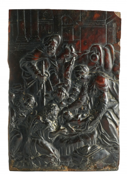 1034.  “La adoración de los Pastores”Placa en carey tallado aplicado a tabla.Trabajo Indo-portugués, S. XVII..