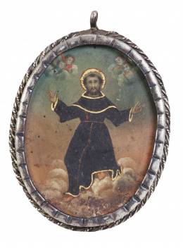 719.  Relicario con dos cobres pintados, con la Virgen y un santo. Marco de plata a cordoncillo.Méjico, S. XVIII