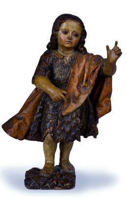 495.  “San Juanito”Escultura en madera tallada y policromada con ojos de pasta vítrea.Escuela colonial, S. XVIII.