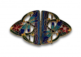 56.  Hebilla Art Nouveau de esmaltes con libélulas y flores; en metal dorado