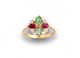 65.  Sortija flor de esmeraldas rubíes y brillantes en oro de 18K.