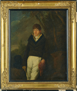 928.  MARIE MARC ANTOINE BILCOQ (1755- 1838)Retrato de caballero con fusta y pañuelo sobre un paisaje..