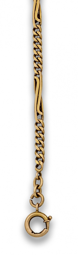 80.  Leontina años 30 de eslabón que combina cadena barbada y dobles piezas rígidas; en oro de 18K.