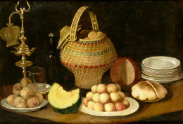771.  ESCUELA ESPAÑOLA, SIGLO XIXBodegón con cesta, frutas y candil..