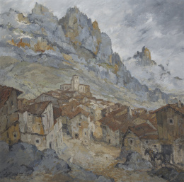 731.  ENRIQUE BRAÑEZ DE HOYOS (Madrid, 1892 - Oviedo, 1976)Paisaje con pueblo y montañas, 1946.