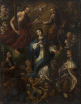 511.  ESCUELA ESPAÑOLA, SIGLO XVIIICoronación de la Virgen con la Trinidad, ángeles, san José y san Luis.