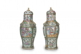 1331.  Pareja de tibores en porcelana Familia Rosa para la exportación. China, Cantón, ff. S. XIX