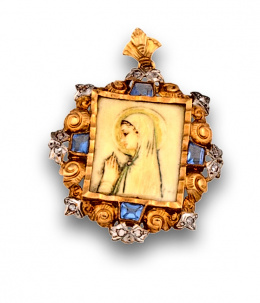 18.  Colgante catalán Art Nouveau con Virgen de marfil con diamantes  y espinelas