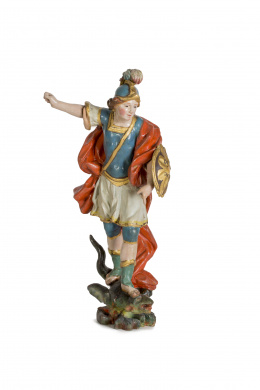 1444.  “San Miguel Arcángel”Escultura en madera tallada, policromada y dorada, espada en metal.Escuela italiana, S. XVIII.