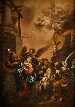 255.  ESCUELA SEVILLA, SIGLO XVIINacimiento del Niño con coro angélico..