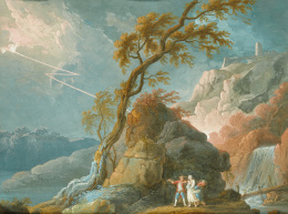 271.  ESCUELA FRANCESA, SIGLO XVIIIFiguras en un paisaje tormentoso..