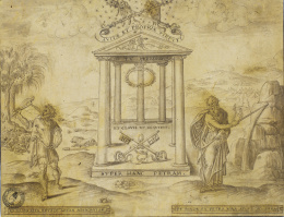 927.  LAMBERT LOMBARD (Lieja, 1505-1566)Emblema de la Iglesia como piedra de la que mana el agua que da vida con Sansón y Moisés.