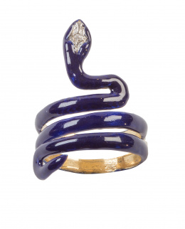 104.  Sortija de pp. S. XX en forma de serpiente en esmalte azul con un brillante en chatón en la cabeza. 