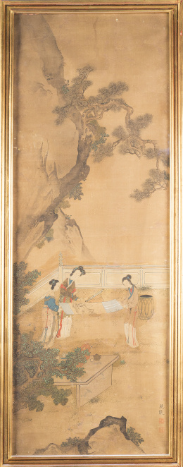 1105.  Tres paneles pintados, con escenas de palaciegas.Trabajo chino, S. XIX