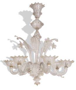 590.  Lámpara de cristal transparente, brazos con forma de hojas.Murano, S. XIX - XX.