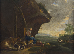 781.  ESCUELA HOLANDESA, SIGLO XVIIPaisaje con pastora, vacas y cabras