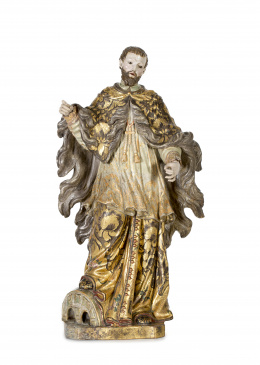 1082.  “San Juan Nepomuceno” Escultura en madera de cedro tallada, estucada, policromada y estofada, con ojos de vidrio.Escuela Cuzqueña, S. XVIII.
